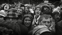 Chanting protesters outside Parliament Buildings, Wellington, 17 May, 1979