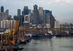 Part of the Singapore container port viewed from the cableway to Sentosa Island