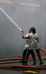 Two firemen with hose, Tory Street, Wellington, 25 January 1982